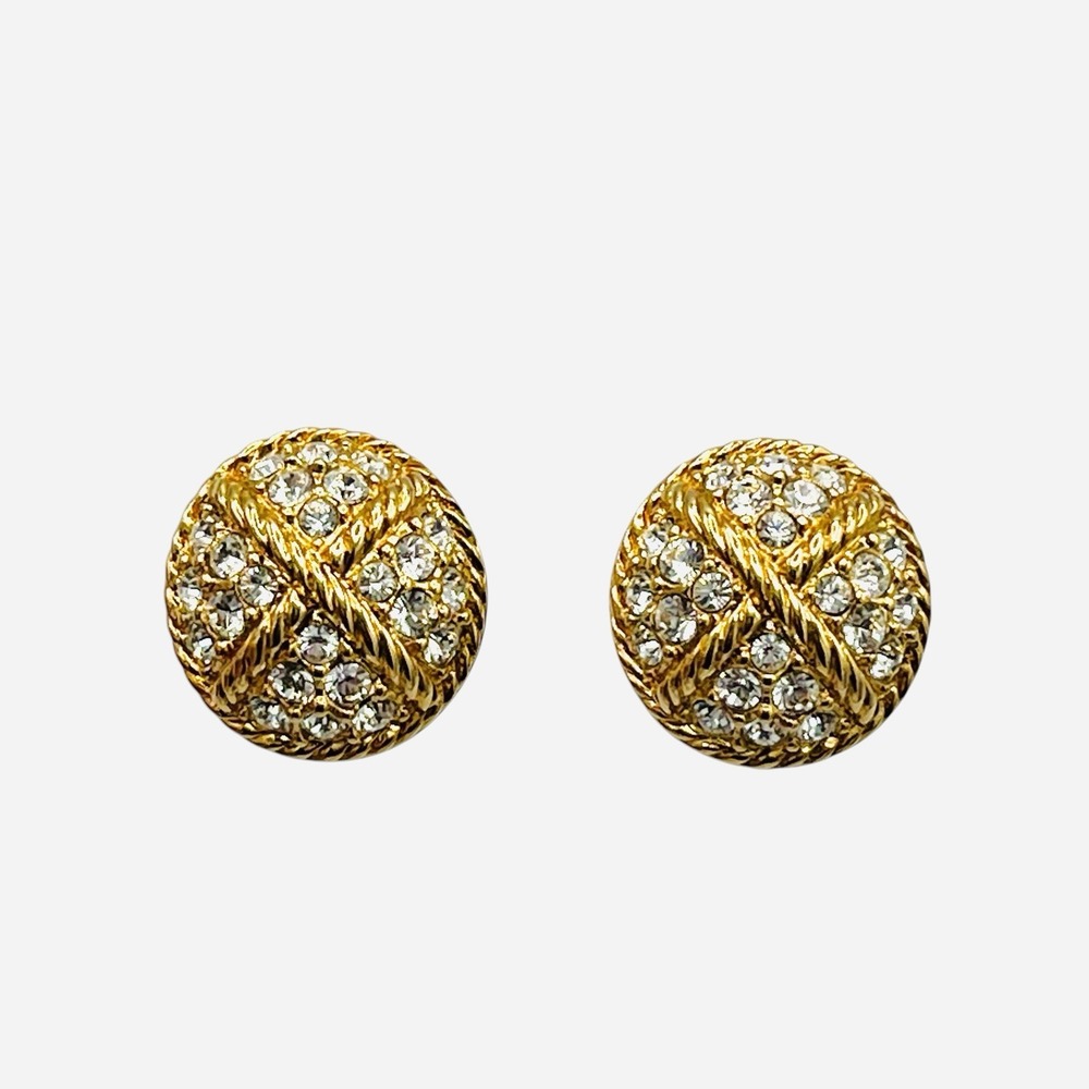Vintage Swarovski Swan Dome Clip Earrings Pavè Crystal Gold Tone Rope